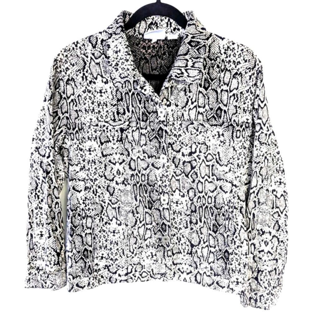 Chicos Design Y2K Snakeskin Print Trucker Jacket Size M White Gray Stretch Twill